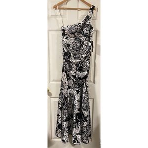 NEW XSCAPE One Shoulder Floral Black and White Mermaid Gown with Shirred Waist